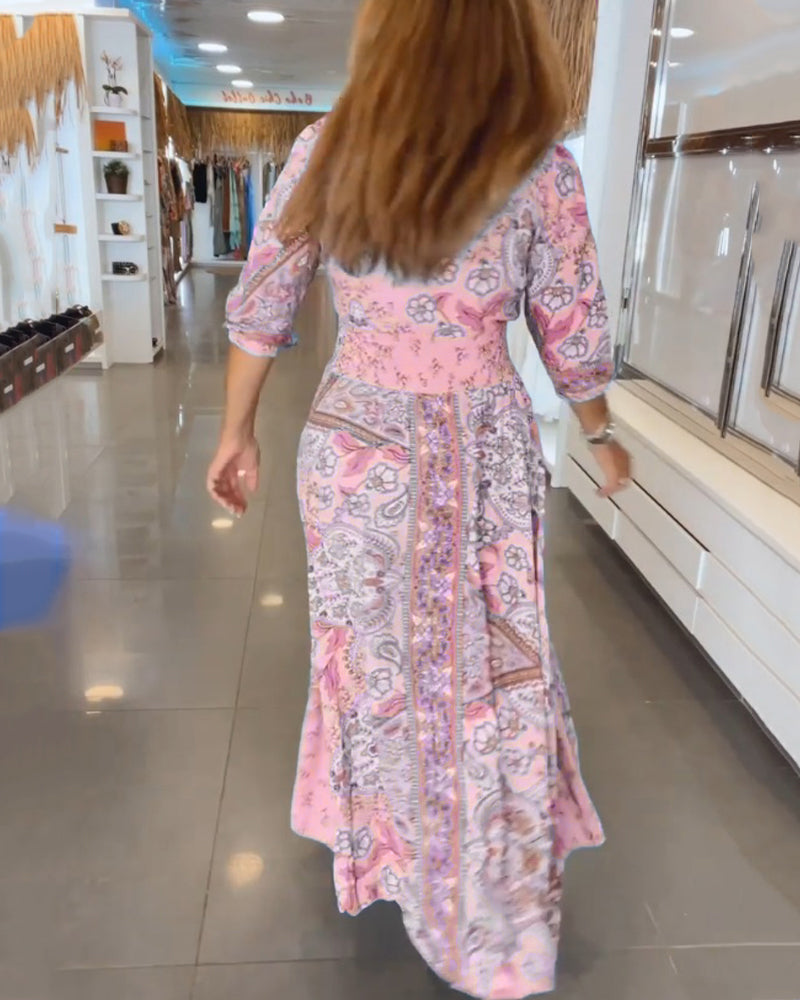Robe maxi femme imprimée avec col V et taille ajustable