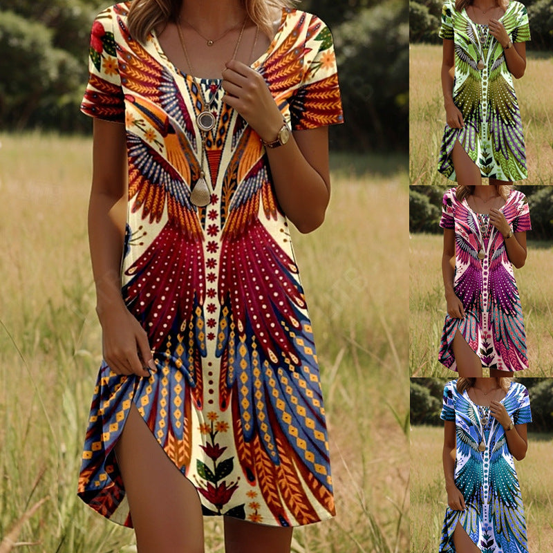 Robe femme manches courtes à col rond imprimé ethnique – style été fluide