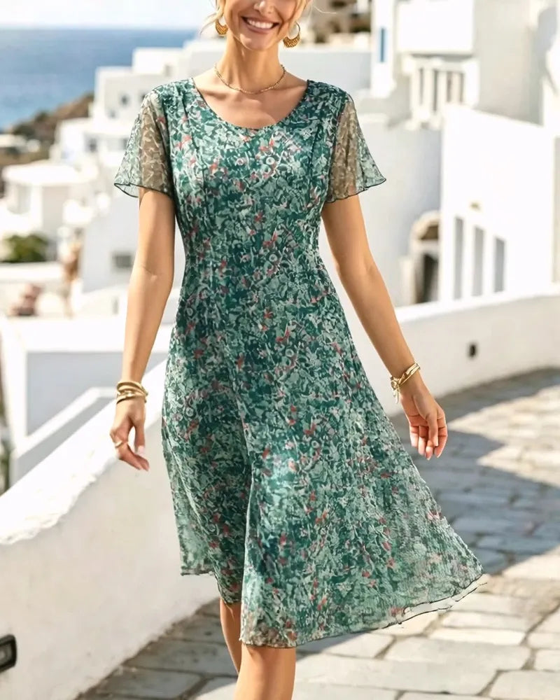 Robe femme florale coupe A avec manches courtes