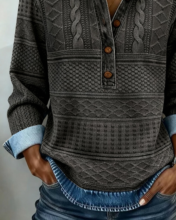 Haut en maille effet denim à col polo pour femme décontracté et élégant
