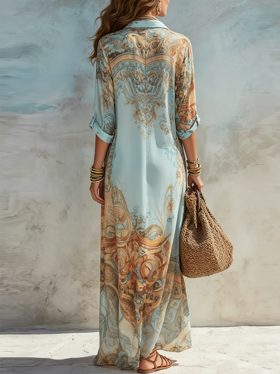 Robe chemise longue femme à imprimé artistique fluide