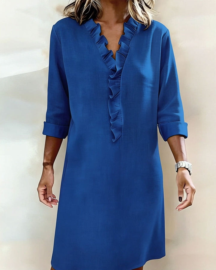 Robe Femme Col V Volants Coupe Droite Chic Décontractée