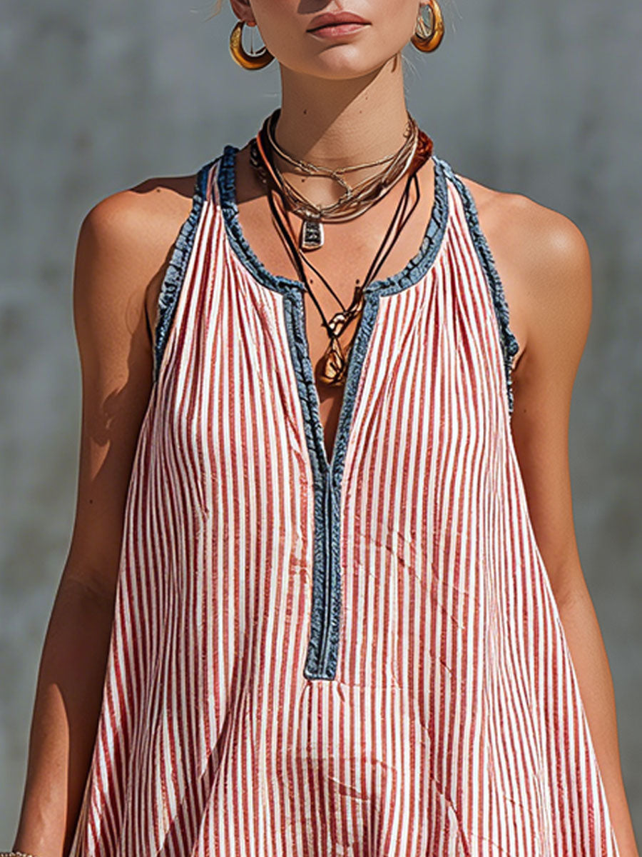 Robe mini femme rayée à col halter avec volants
