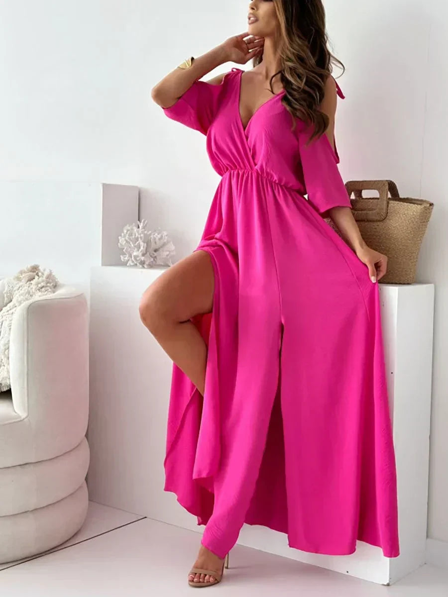 Robe Maxi Femme Élégante à Épaules Dénudées avec Fente Latérale