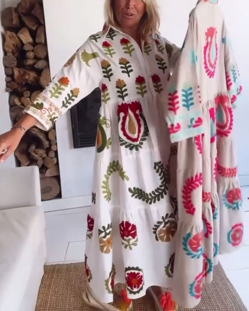 Robe femme midi imprimé floral graphique à col revers – style fluide été