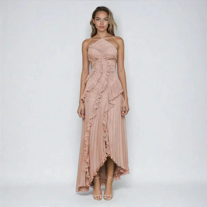 Robe Longue Plissée Femme avec Volants Asymétriques Élégants