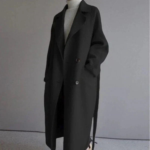 Manteau femme long ceinturé coupe ajustée en laine mélangée pour hiver élégant
