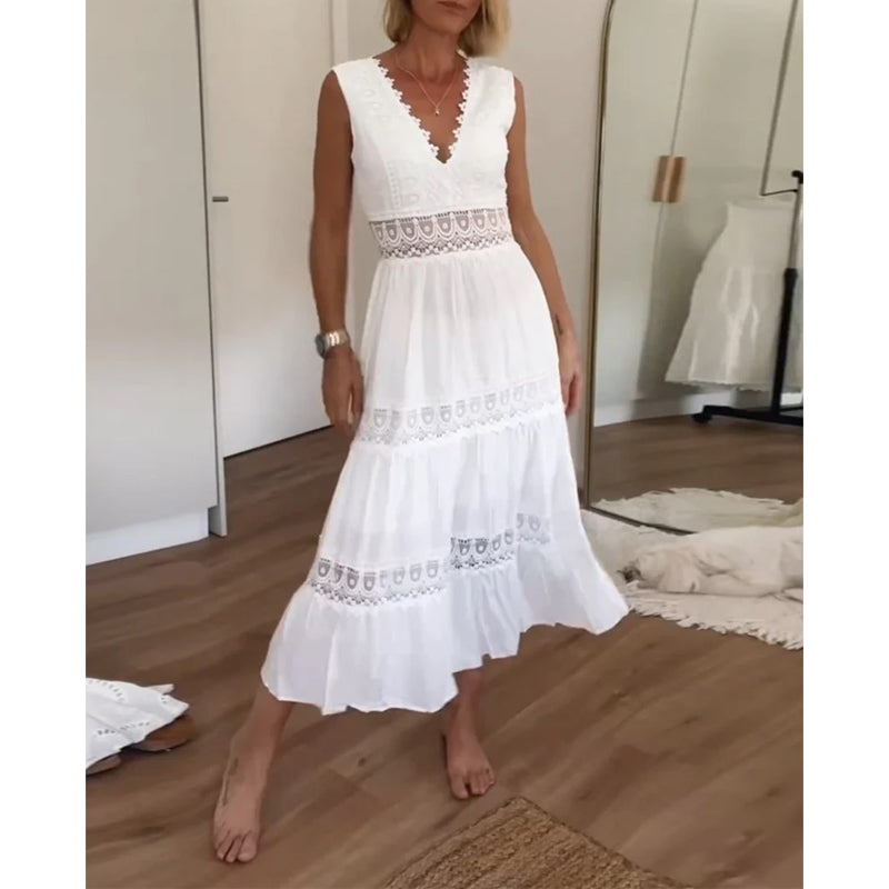 Robe Midi Femme Dentelle Col V Coupe Fluide Sans Manches Style Estival