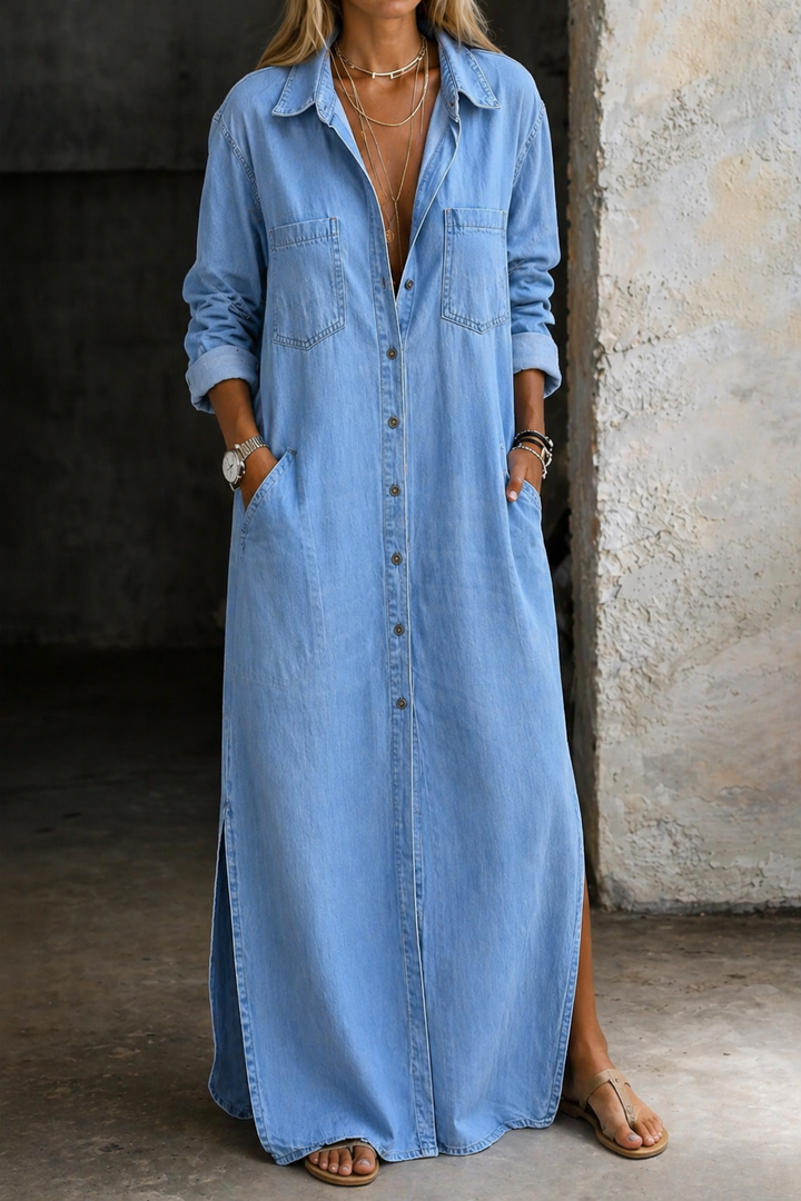 Robe chemise femme longue en denim léger avec boutons