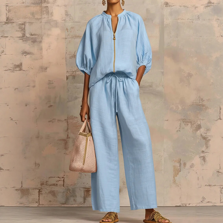 Ensemble femme fluide avec blouse à zip et pantalon large confortable