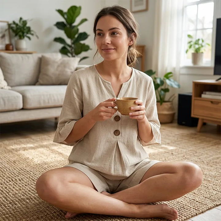 Ensemble femme en coton avec blouse à boutons et short