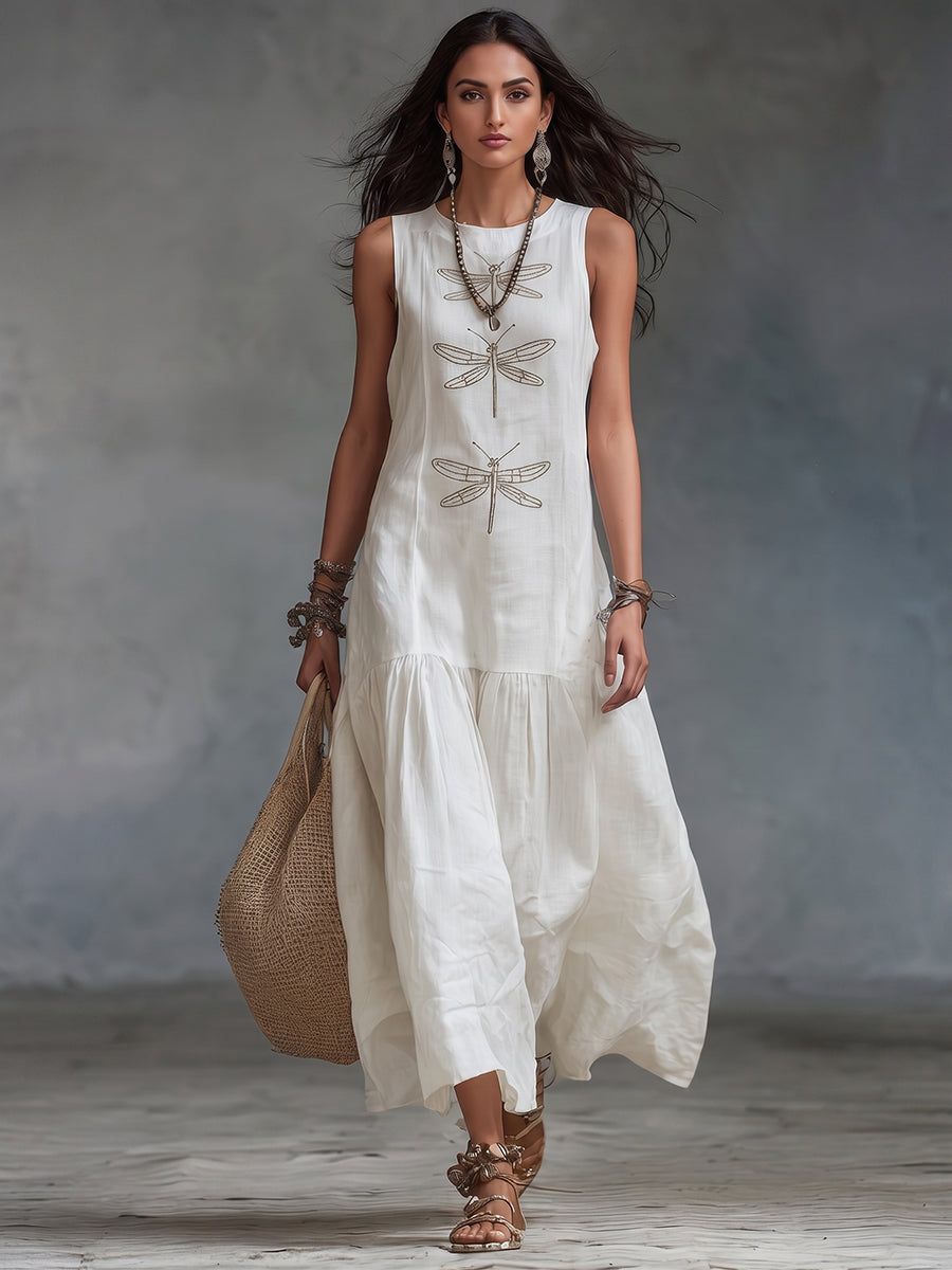 Robe longue femme en coton et lin avec broderie libellule