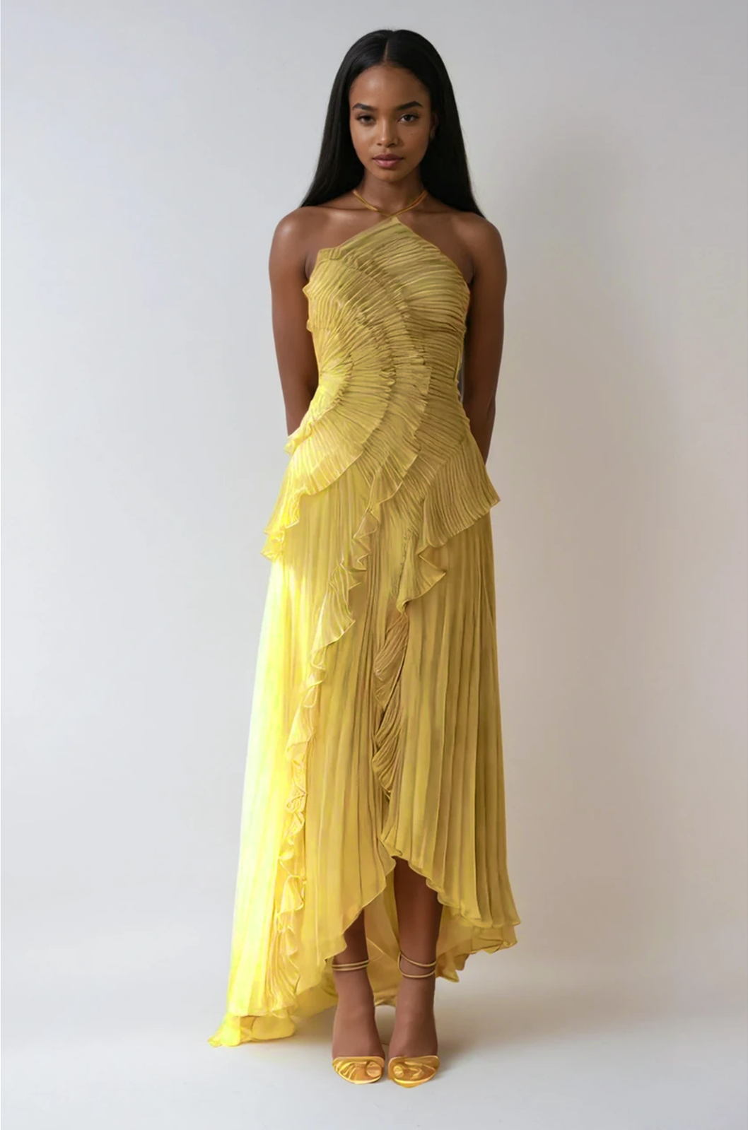 Robe Longue Plissée Femme avec Volants Asymétriques Élégants