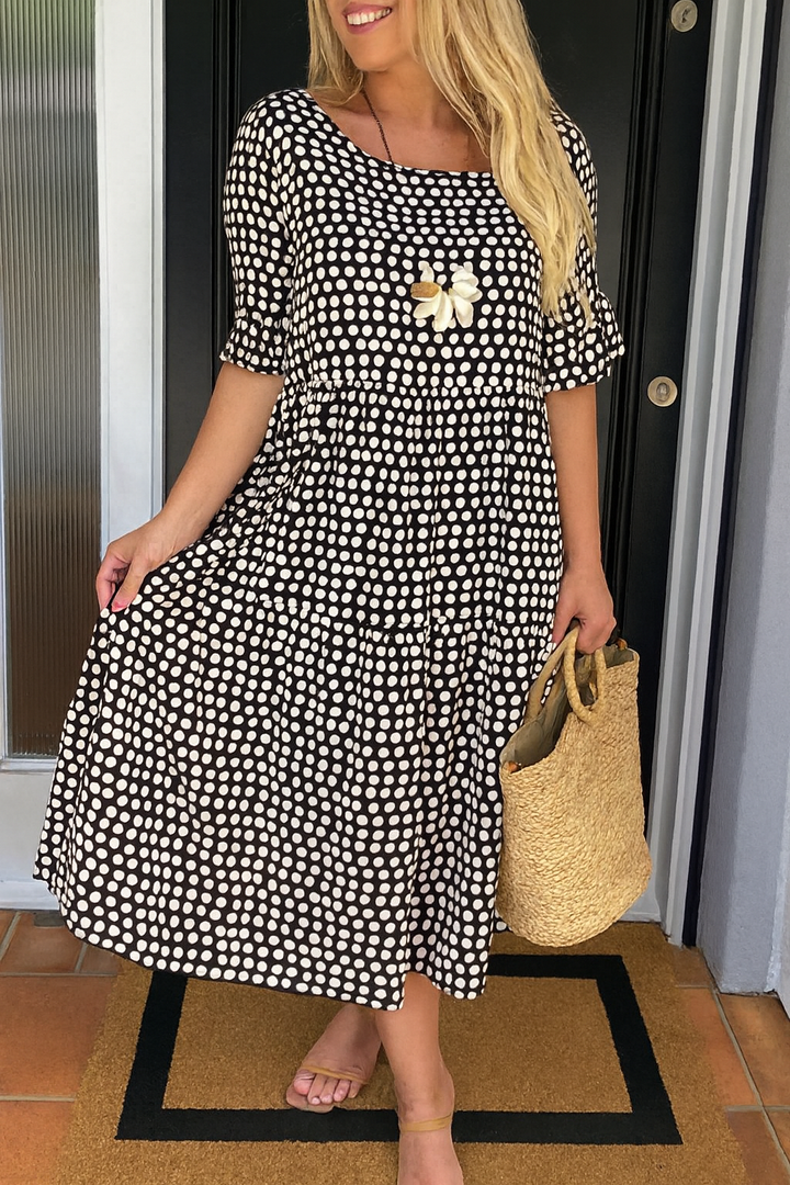 Robe Midi Femme Pois Manches Courtes Volants Fluide Élégante