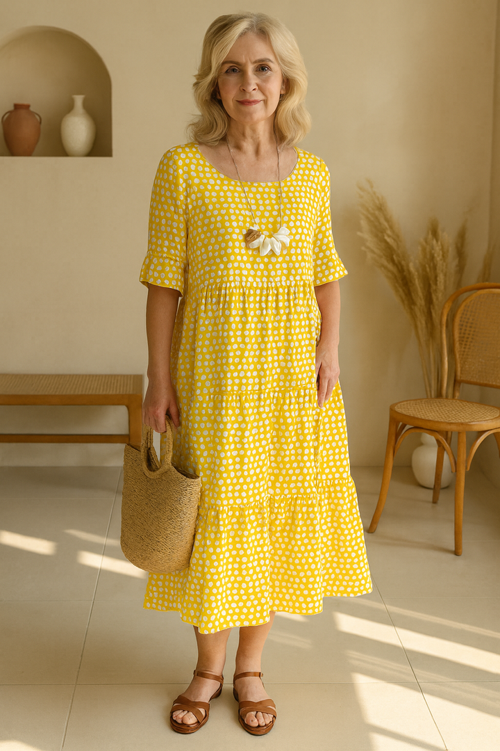 Robe Midi Femme Pois Manches Courtes Volants Fluide Élégante