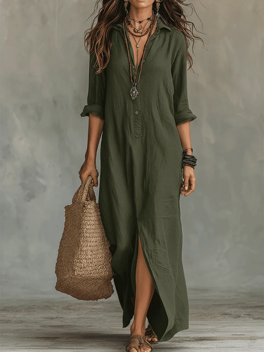 Robe Femme Longue Fluide Boutonnée Col Chemise Élégance