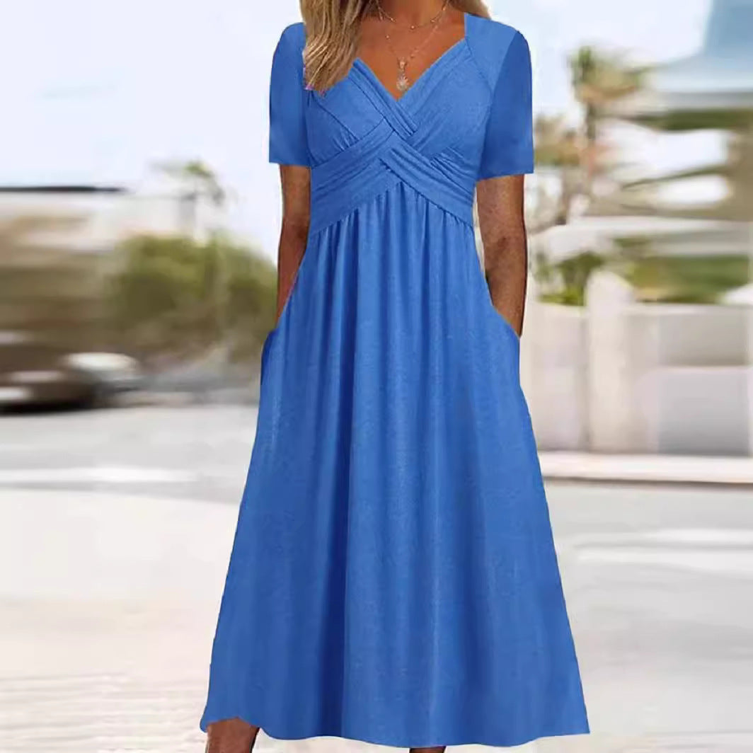 Robe longue femme col V fluide manches courtes avec poches été élégante