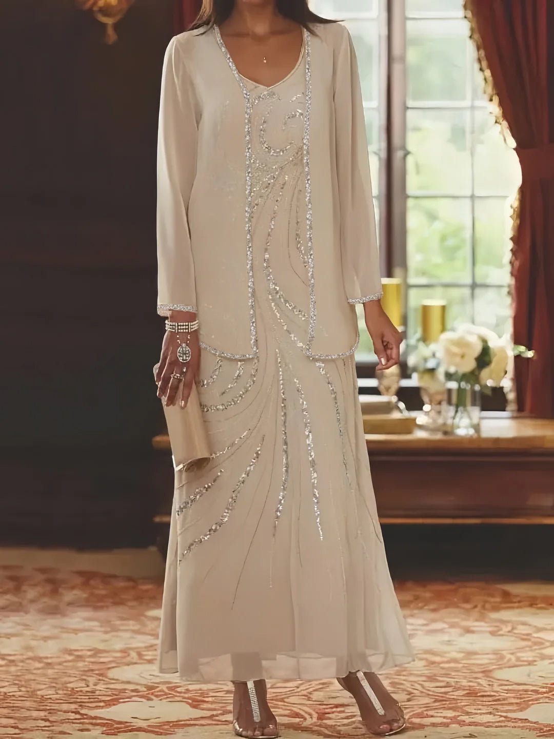 Robe Femme Élégante Longue Avec Veste Paillettes Col V Style Soirée Mariage