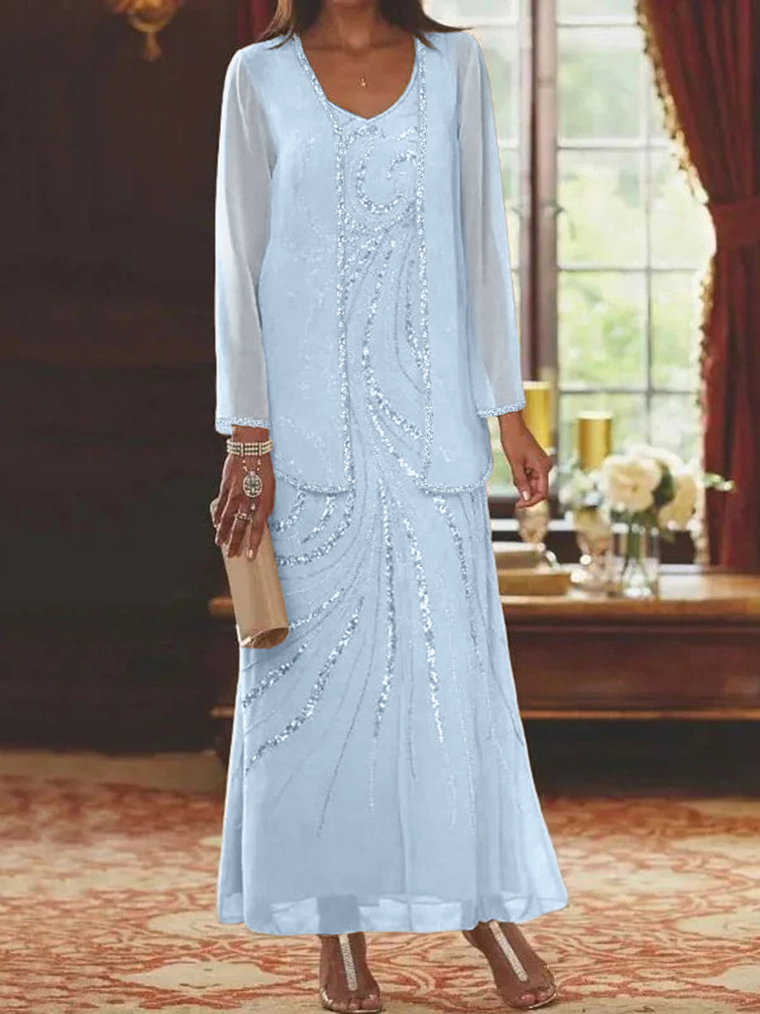 Robe Femme Élégante Longue Avec Veste Paillettes Col V Style Soirée Mariage