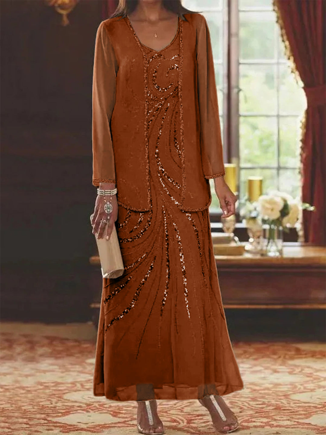 Robe Femme Élégante Longue Avec Veste Paillettes Col V Style Soirée Mariage