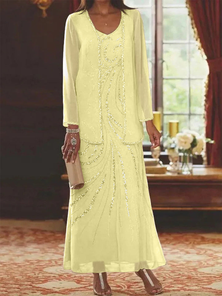 Robe Femme Élégante Longue Avec Veste Paillettes Col V Style Soirée Mariage