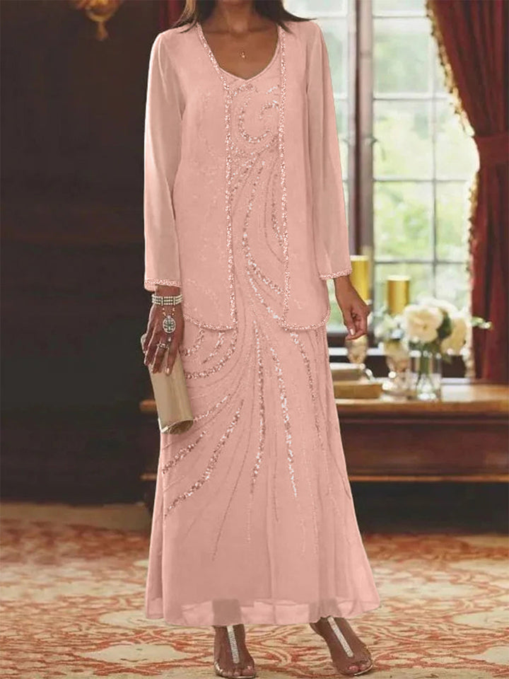 Robe Femme Élégante Longue Avec Veste Paillettes Col V Style Soirée Mariage