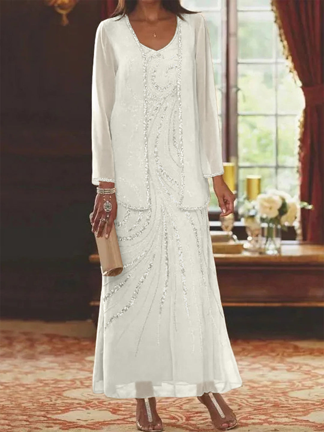 Robe Femme Élégante Longue Avec Veste Paillettes Col V Style Soirée Mariage