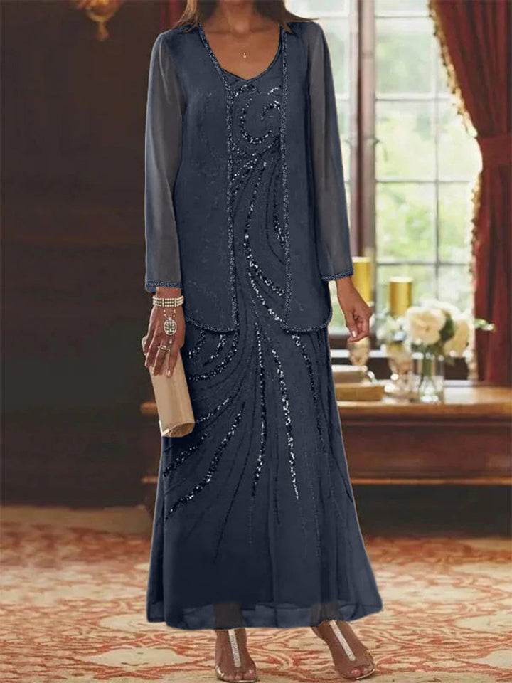 Robe Femme Élégante Longue Avec Veste Paillettes Col V Style Soirée Mariage