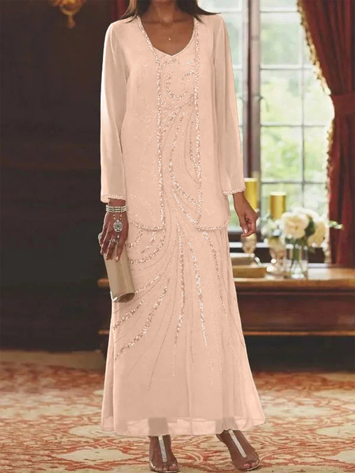 Robe Femme Élégante Longue Avec Veste Paillettes Col V Style Soirée Mariage
