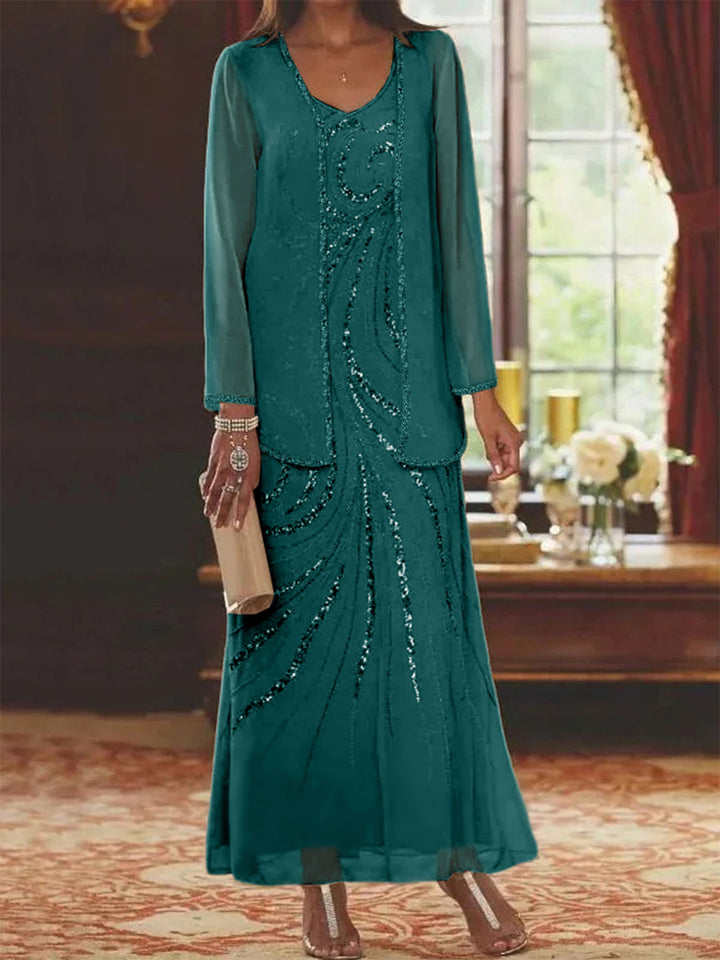 Robe Femme Élégante Longue Avec Veste Paillettes Col V Style Soirée Mariage