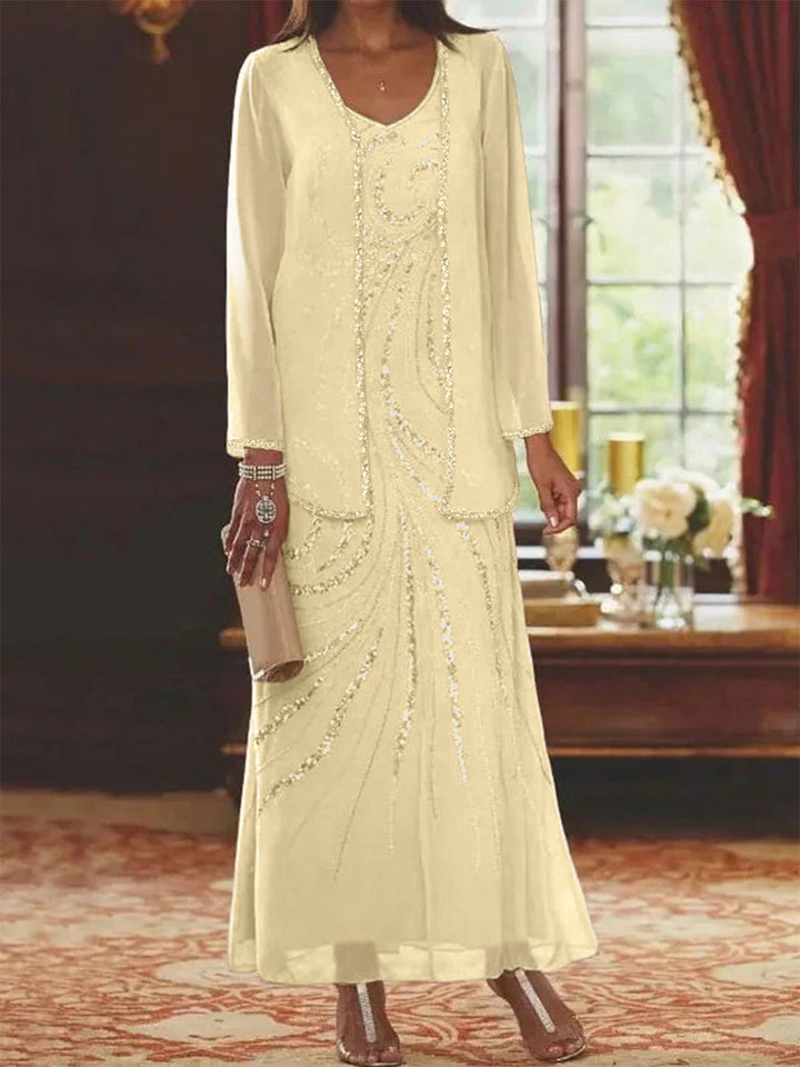 Robe Femme Élégante Longue Avec Veste Paillettes Col V Style Soirée Mariage