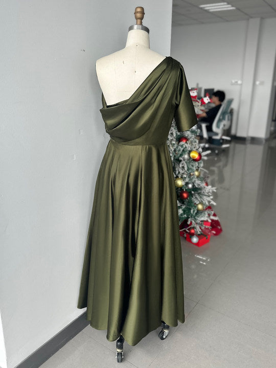 Robe Femme Élégante A-Line Épaule Dénudée Satin Volants Longueur Cheville