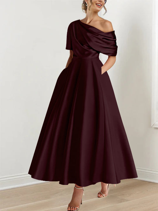Robe Femme Élégante A-Line Épaule Dénudée Satin Volants Longueur Cheville