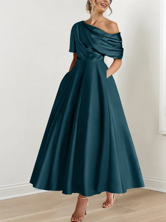 Robe Femme Élégante A-Line Épaule Dénudée Satin Volants Longueur Cheville