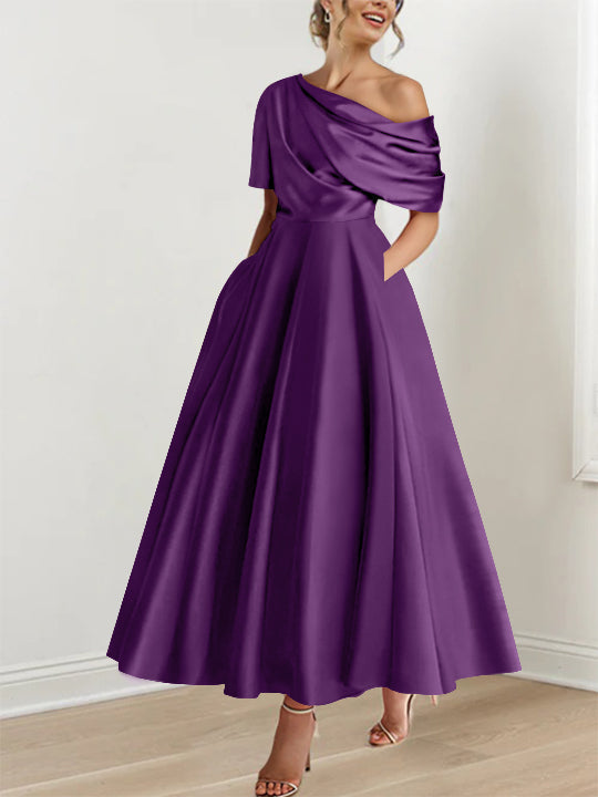 Robe Femme Élégante A-Line Épaule Dénudée Satin Volants Longueur Cheville