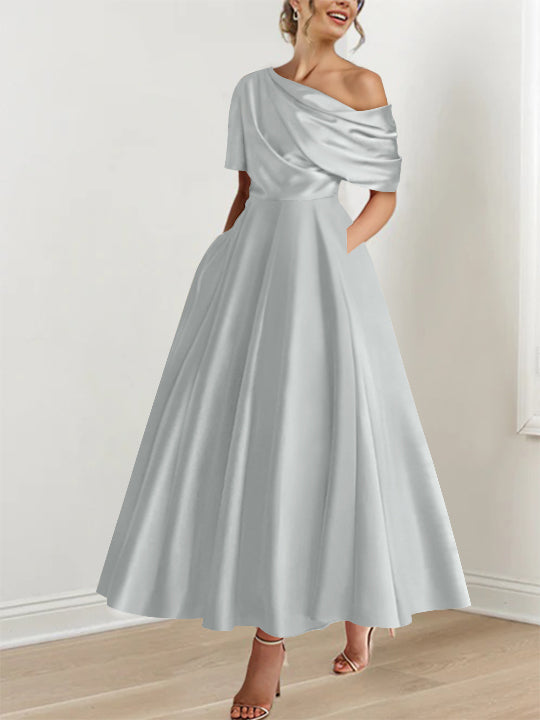 Robe Femme Élégante A-Line Épaule Dénudée Satin Volants Longueur Cheville