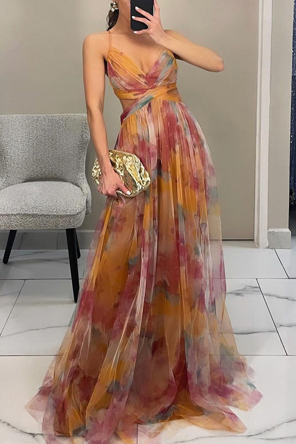 Robe Longue Décolleté V et Jupe Fluide – Motif Multicolore Abstrait
