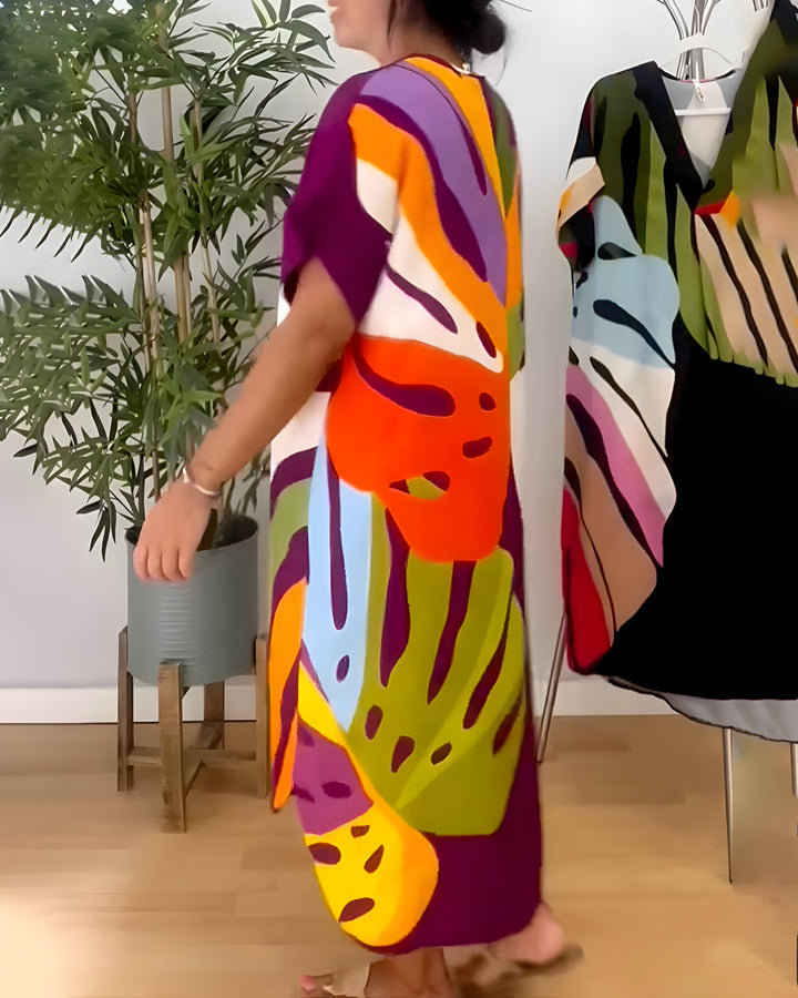 Robe Femme Imprimé Feuillage Coupe Ample Col V Style Décontracté