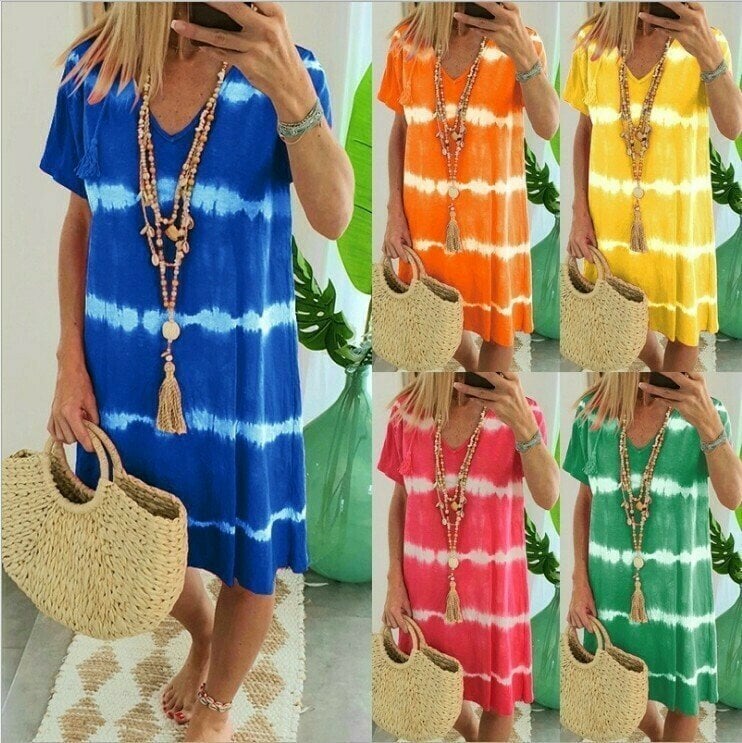 Robe t-shirt femme tie-dye à col V manches courtes