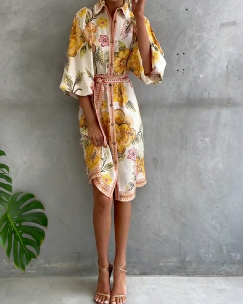 Robe Fleurie Élégante Femme à Manches Lanternes et Boutons