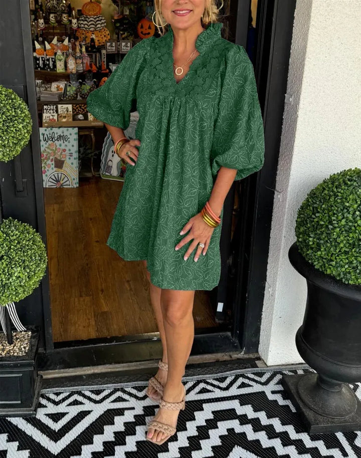 Robe Courte Femme Jacquard Col V Manches Bouffantes pour Style Élégant Chic