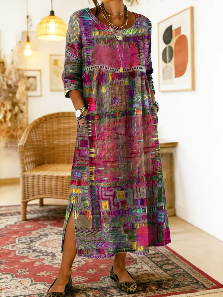 Robe Femme Denim Fluide Patchwork Ethnique pour Style Bohème et Élégant Quotidien