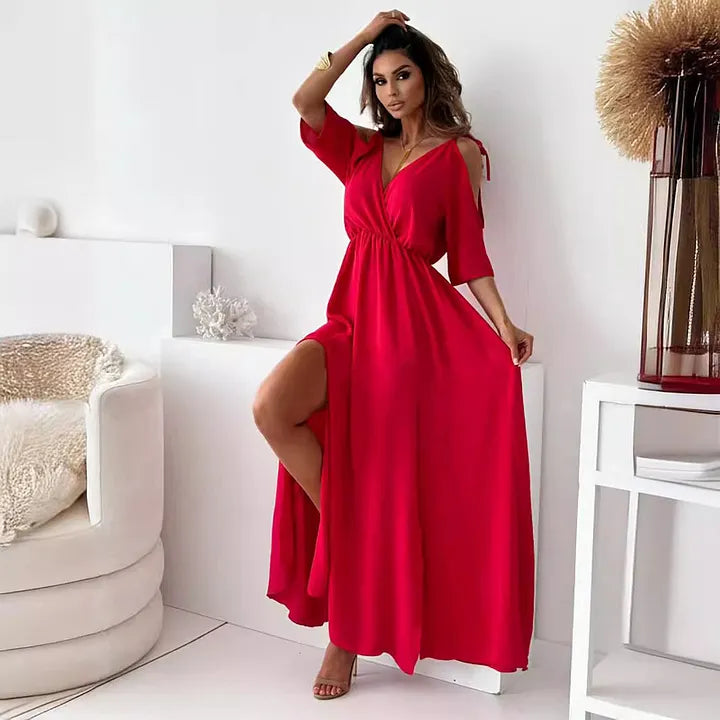 Robe Maxi Femme Élégante à Épaules Dénudées avec Fente Latérale