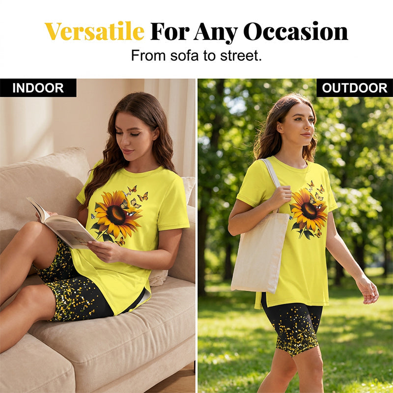 Ensemble femme à imprimé tournesol avec tunique longue et short