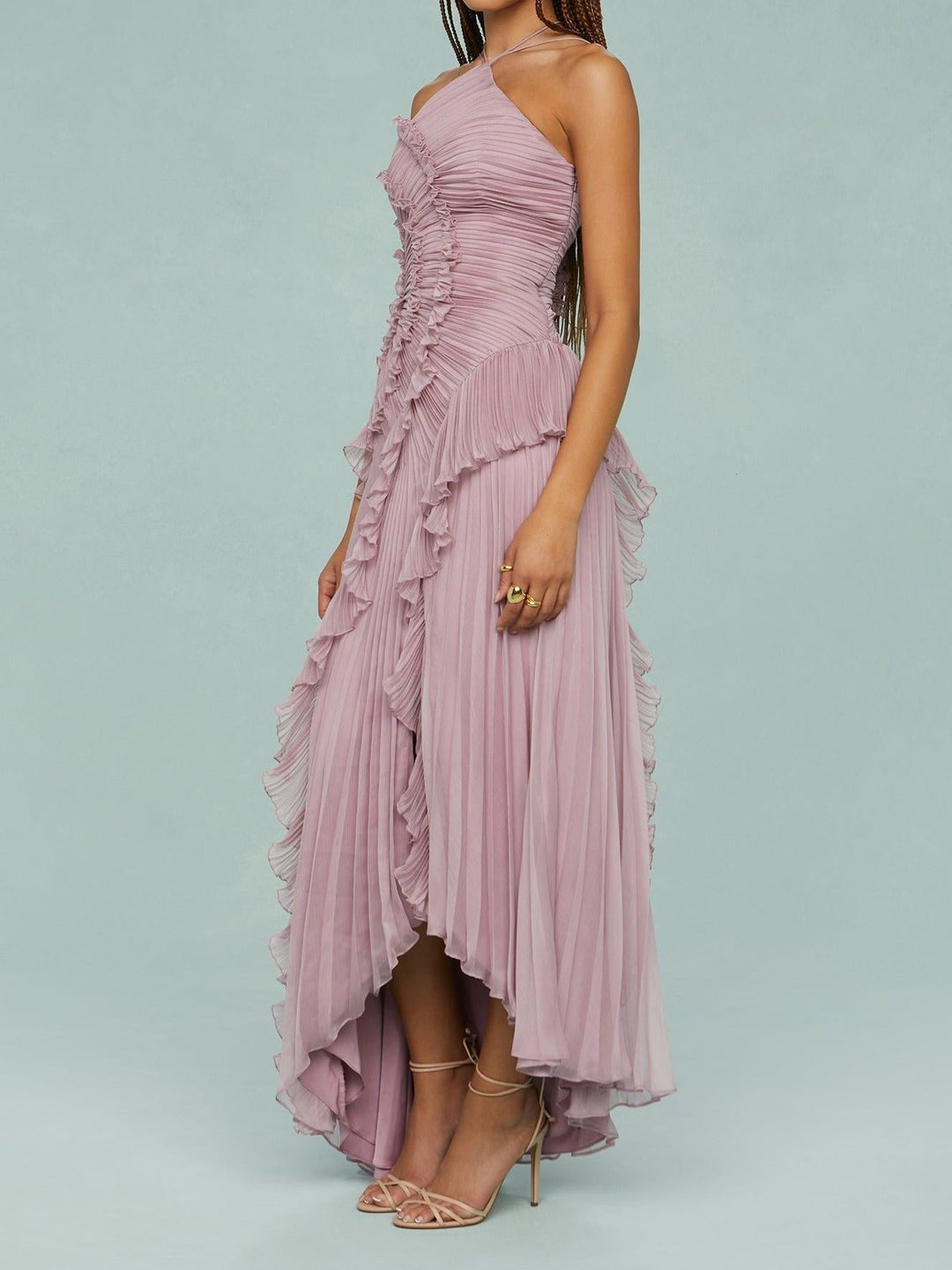 Robe Longue Plissée Femme avec Volants Asymétriques Élégants