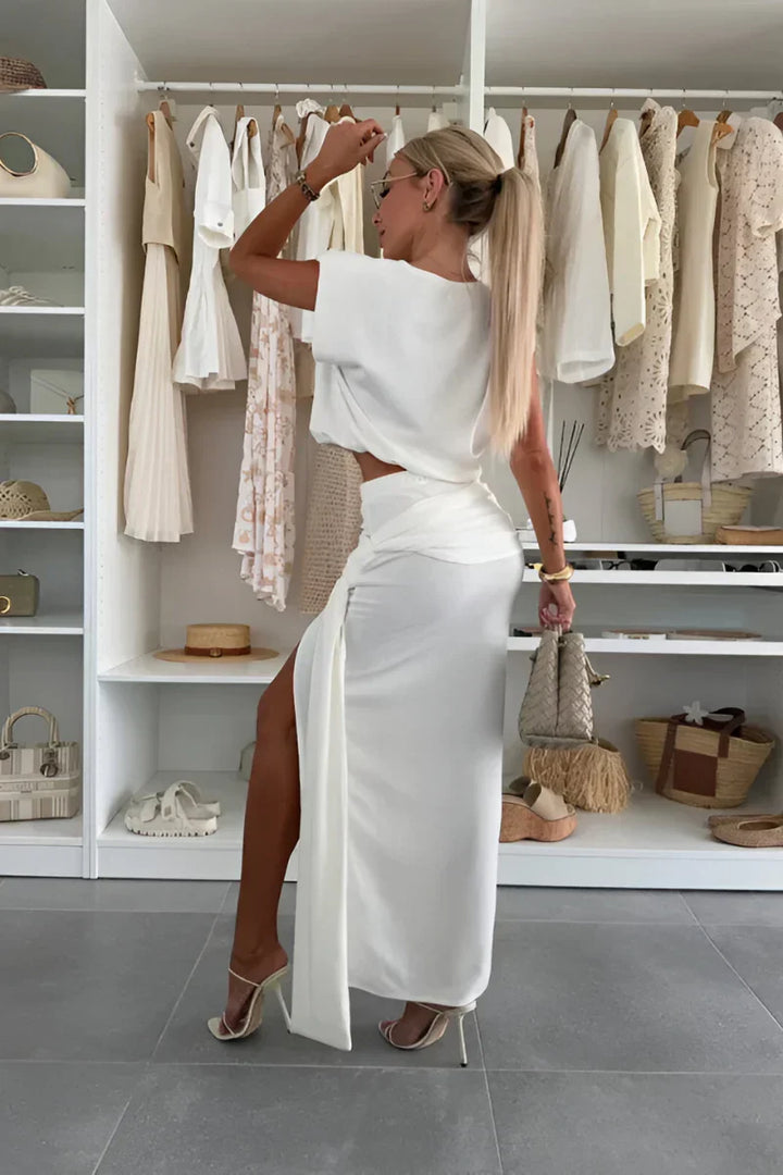 Ensemble femme en viscose avec top cropped et jupe longue fendue