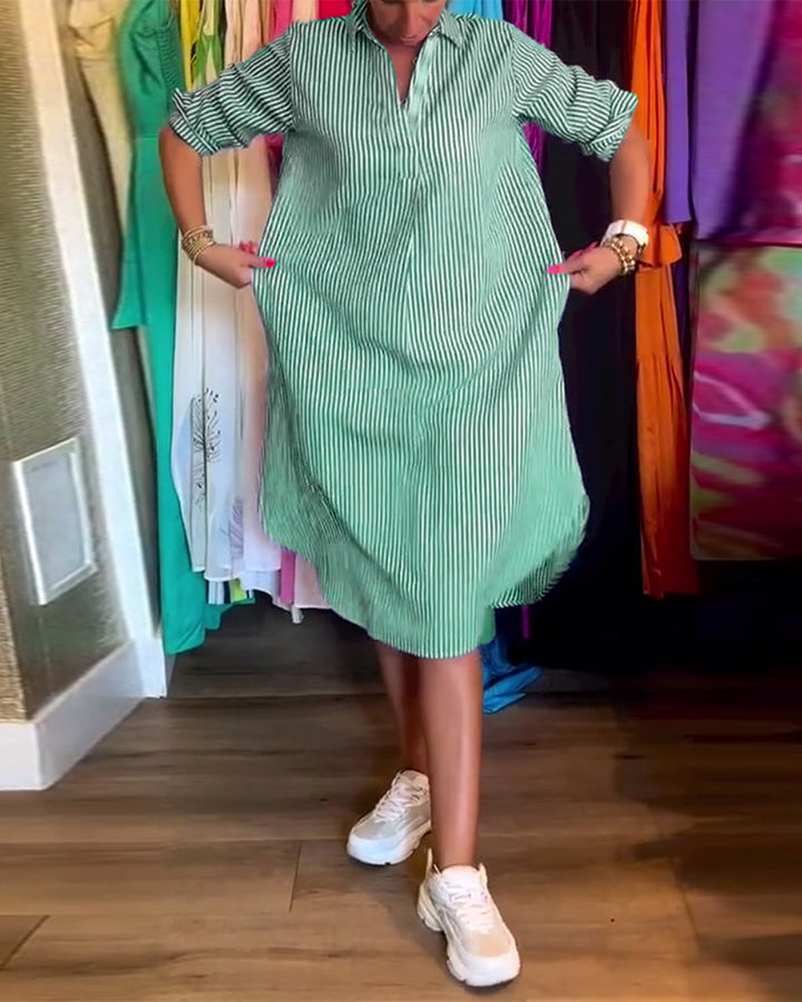 Robe femme chemise rayée fluide col revers manches longues élégante casual