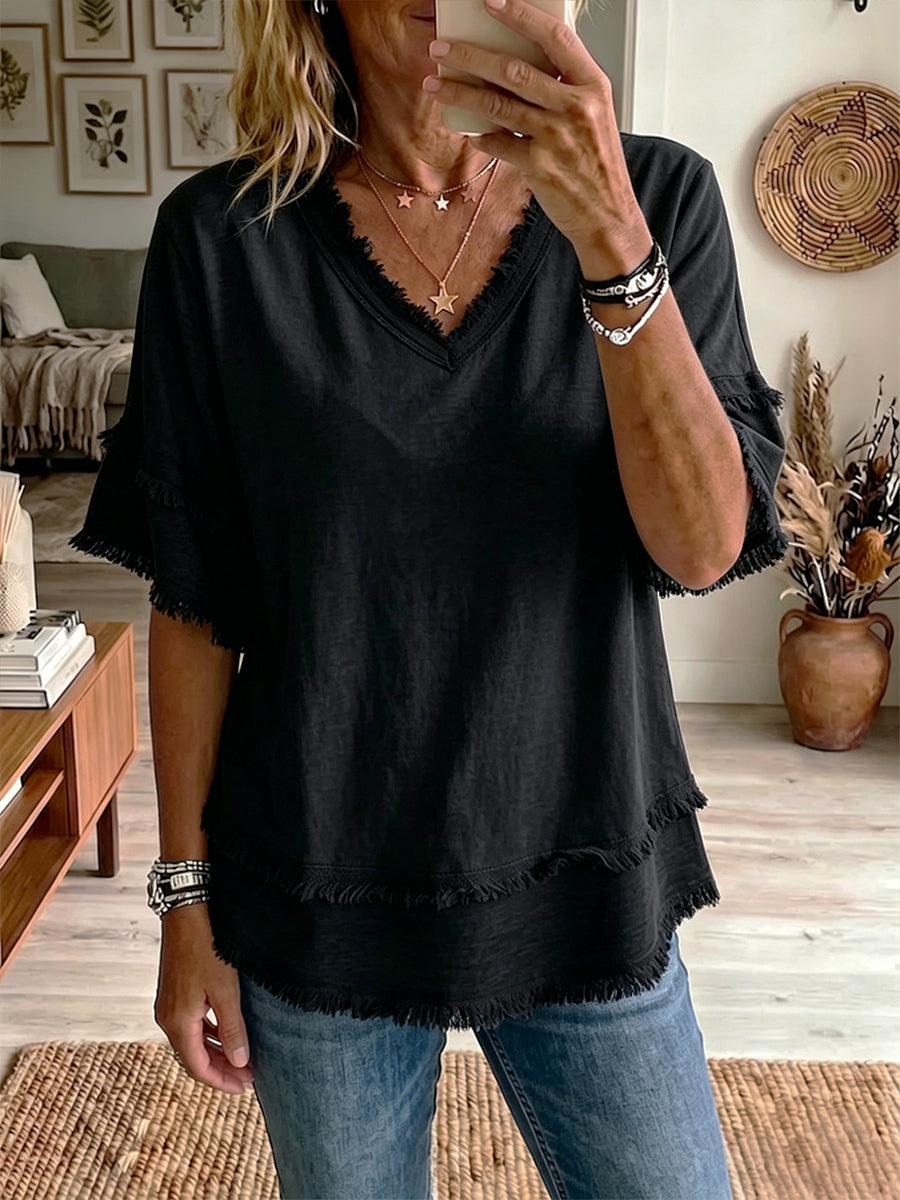 Haut Femme Lin Col V Coupe Décontractée Élégante Été