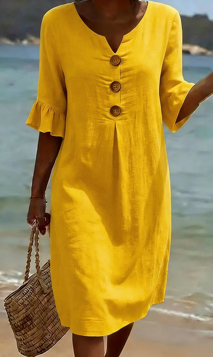 Robe Femme Coton Lin Boutonnée Manches Volantées Style Estival