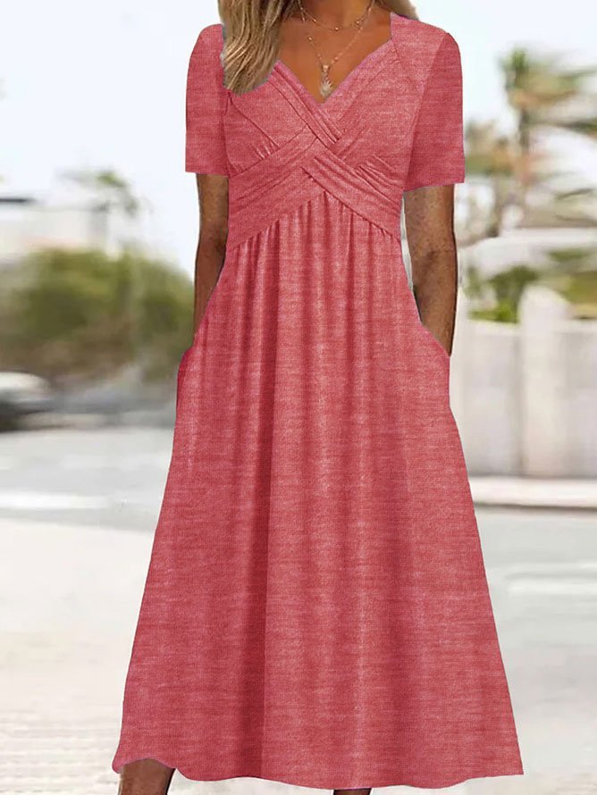 Robe longue femme col V fluide manches courtes avec poches été élégante